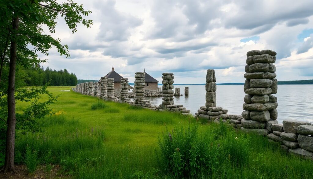 Очарование Севера: карельские деревни и каменные лодочные причалы - иллюстрация