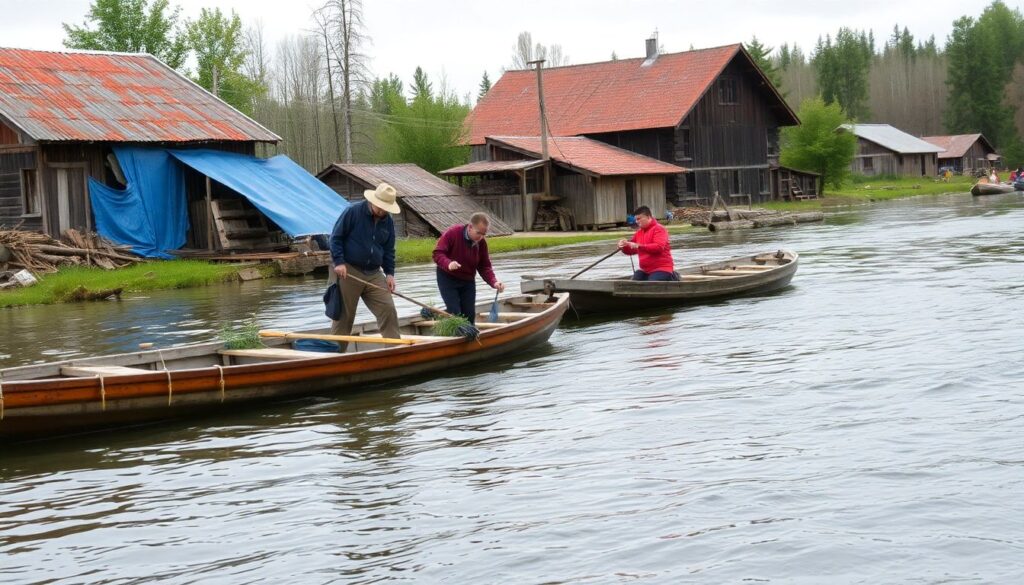 Города и села Магаданской области: северные пейзажи и лодочные каналы - иллюстрация