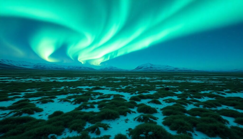 тундра и северное сияние - иллюстрация