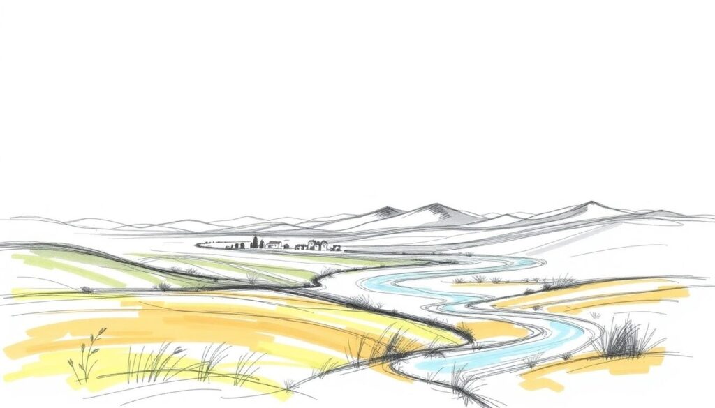 живописные холмы и реки - иллюстрация