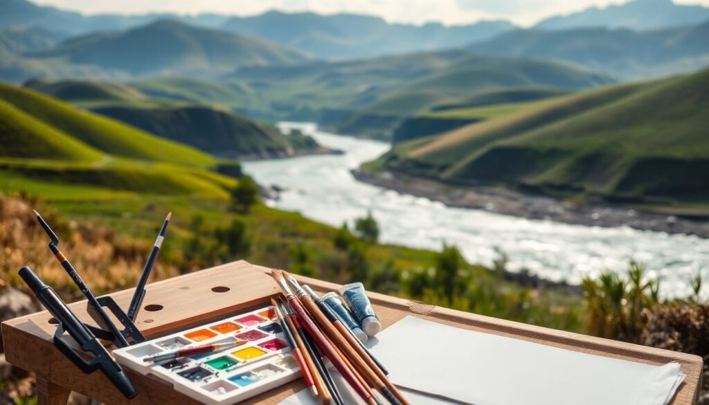 живописные холмы и реки - иллюстрация